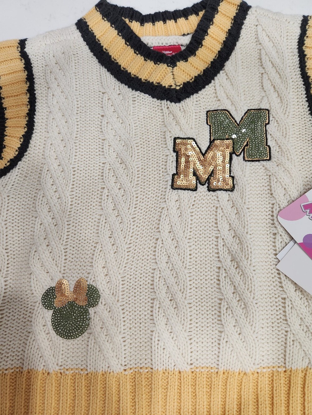 Disney Cream Cable Knit Sleeveless Sweater with Yellow and Black Trim